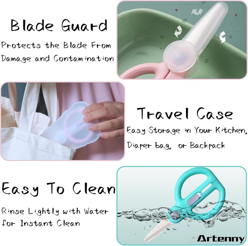 Artenny Ceramic Baby Food Scissors Kids with Travel Case, Toddler Scissors with Safety Lock, Ideal for Pizza, Meats, Noodles, Vegetables, and Fruits (C/D) - Image 4